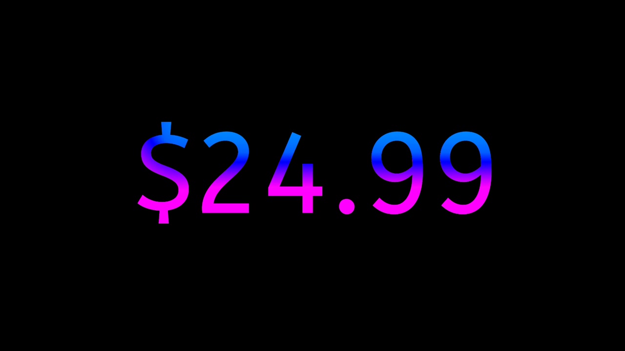 Siyah Arka Plan Üzerinde Modern Neon Fiyat Etiketi 24.99 Dolar Animasyonu Parlayan Gradyan Para Birimi Metni Hareketli Grafikler, Döngülenebilir iş konsepti.