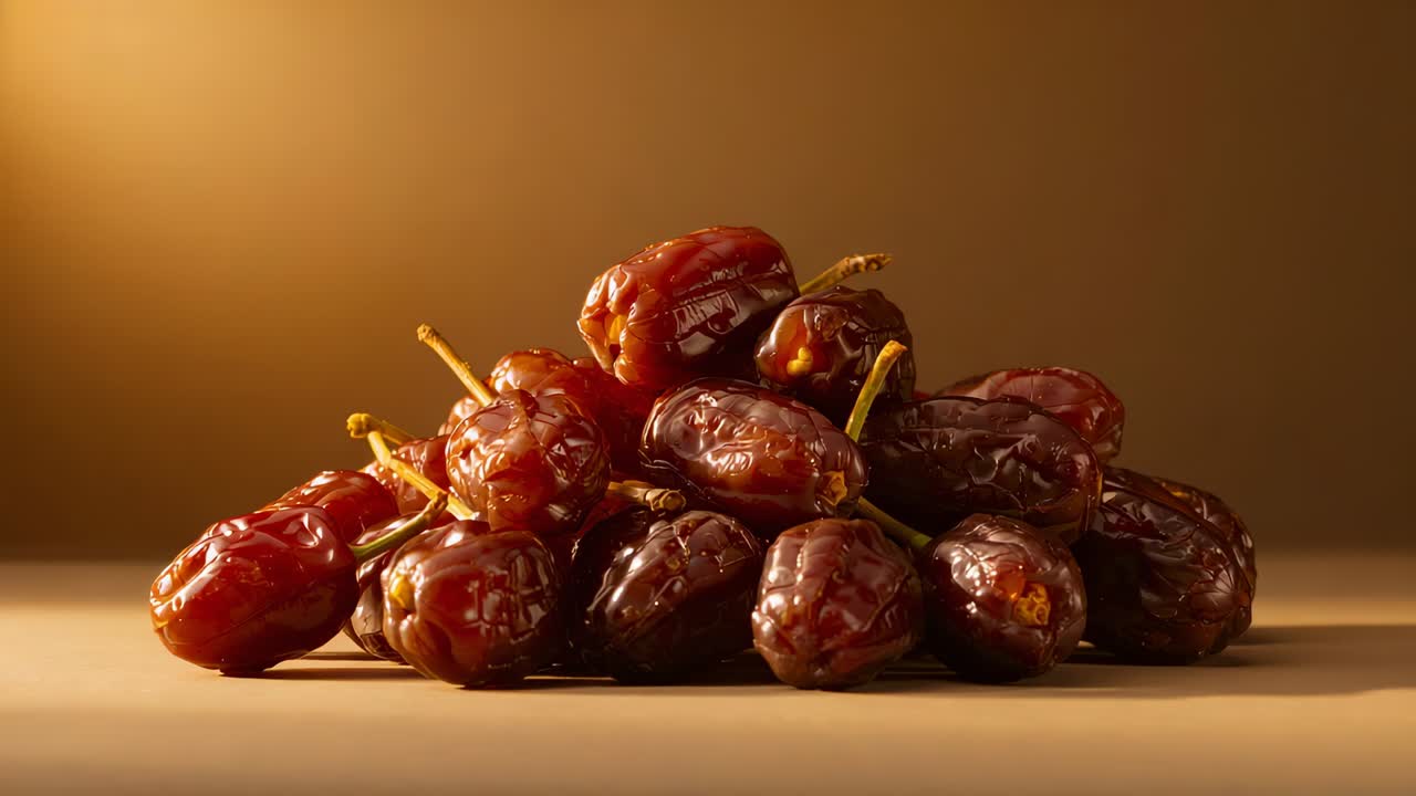 Moving camera pulling closer and lowering angle at tabletop studio, showcasing dried dates' texture