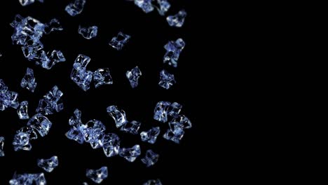 flying many clean ice cubes on black background. pieces of crushed ice, natural water. 3d animation of crushed ice rotating. loop animation.