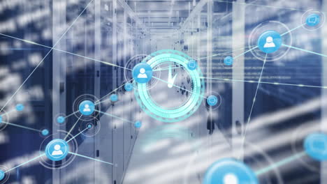 animation of clock and network of connection with icons over server room