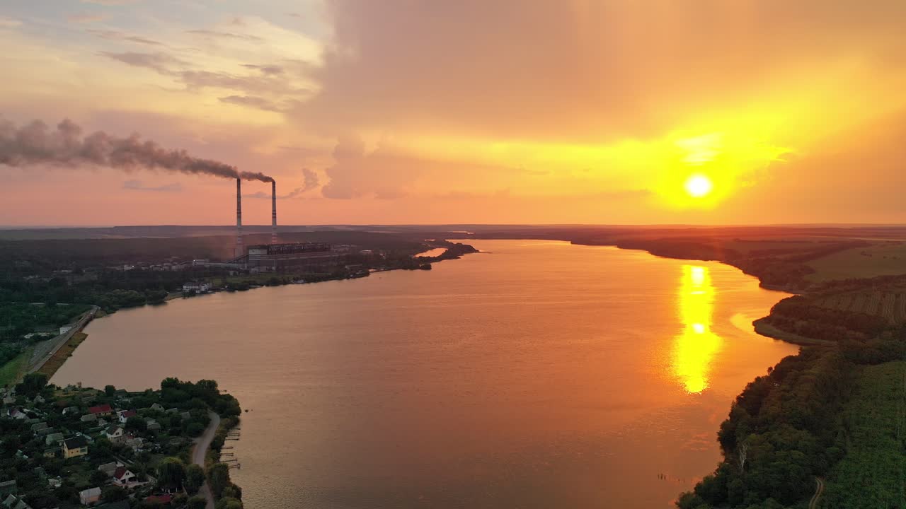 Rural river landscape. Aerial view of country landscape during sunset