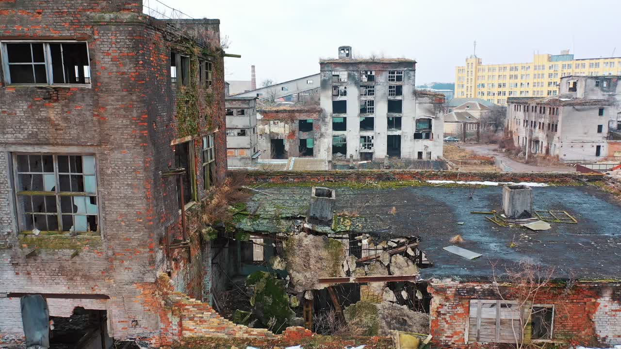 Abandoned industrial building. Ruins of an old factory. Aerial view