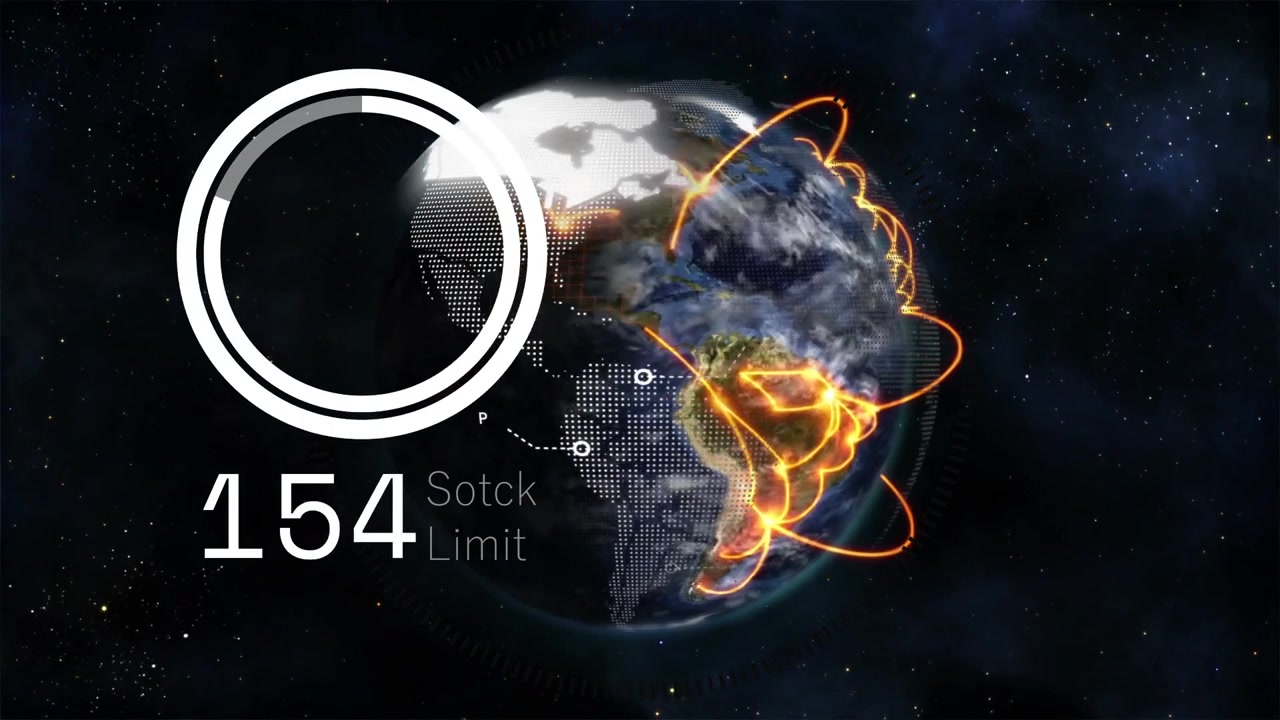 Rotierender Globus im Orbit, Datenanstieg füllt Anzeige, Zahlen steigen, Bögen zeigen globale Verbindungen.