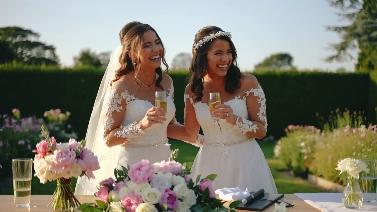 Laughing brides in wedding gowns, reacting to off-frame toast, raising flutes at garden table