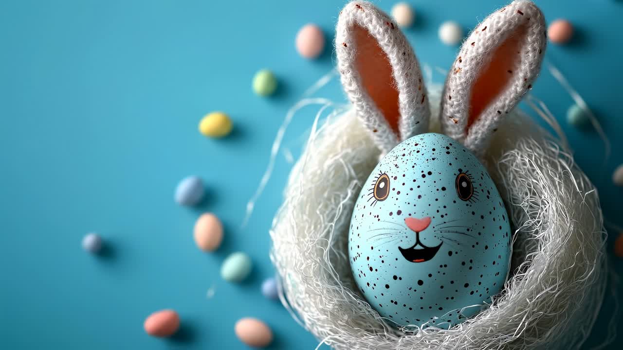 Creative bunny egg decoration for Easter. A blue egg with a bunny face sits in a nest surrounded by colorful candy eggs. It is during Easter celebration time