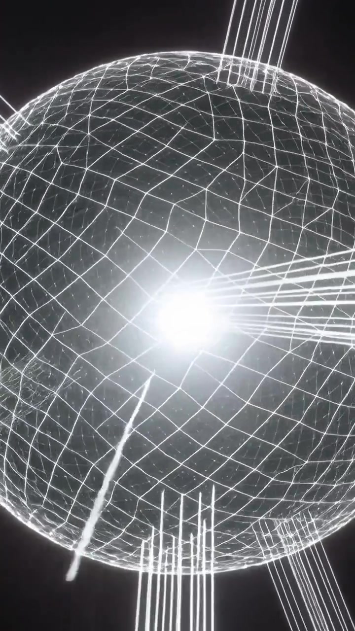 Video verticale: Fasci che colpiscono una sfera a rete con un nucleo pulsante nel vuoto oscuro, che invia energia verso l'esterno