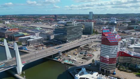 aerial over the newly built hisingsbron bridge over gota alv river in gothenburg city, sweden