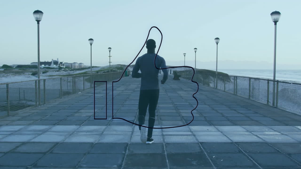 Jogging on boardwalk, person with glowing blue thumbs-up animation on hand