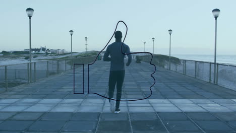 jogging on boardwalk, person with glowing blue thumbs-up animation on hand