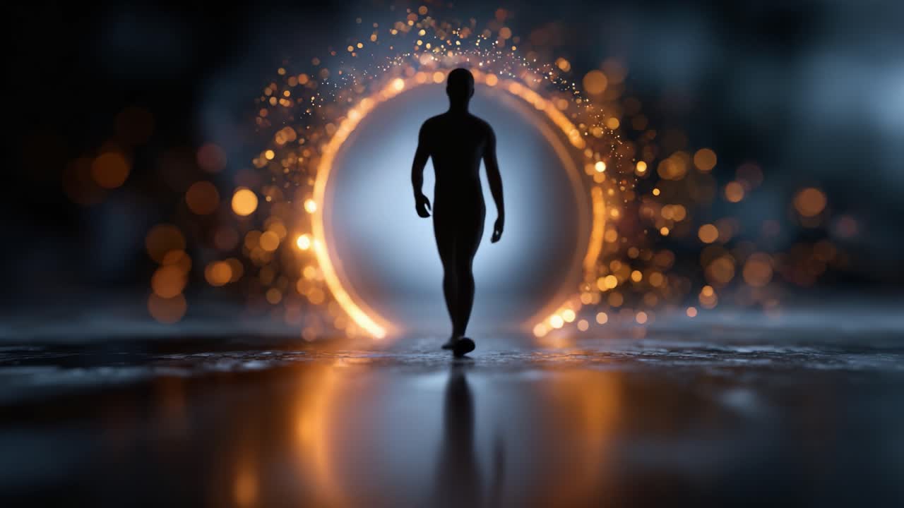 A solitary figure steps through a glowing portal, silhouetted against vibrant sparks of light, symbolizing transition and exploration into a new dimension