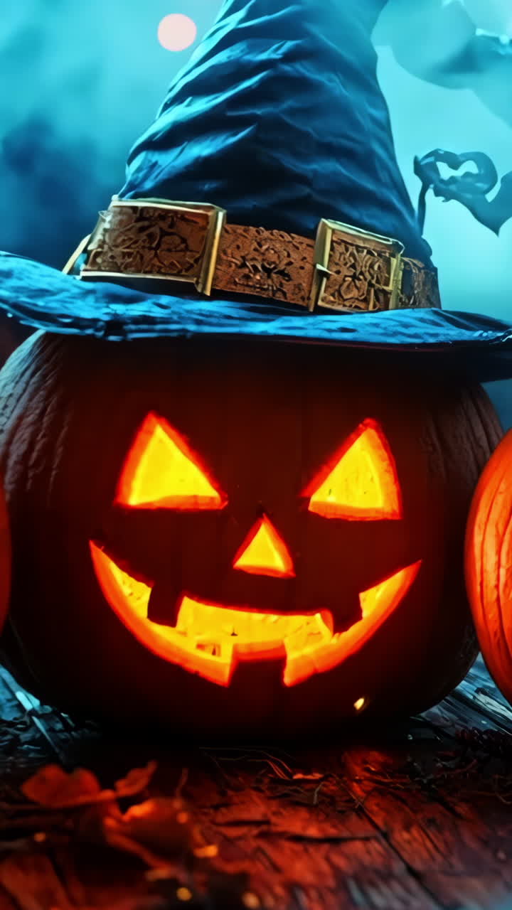 Three pumpkins with a witch's hat on top of them. The pumpkins are lit up and have a happy, friendly look