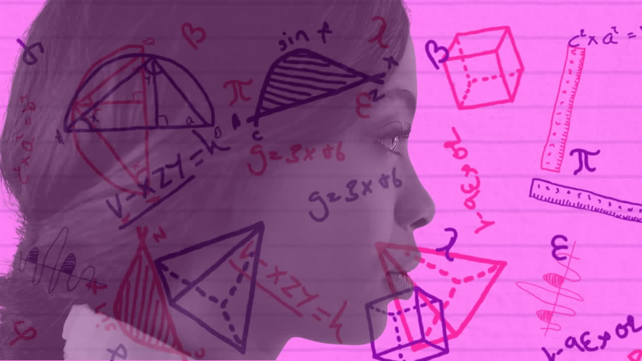 animación de ecuaciones matemáticas y diagramas, primer plano de una mujer afroamericana