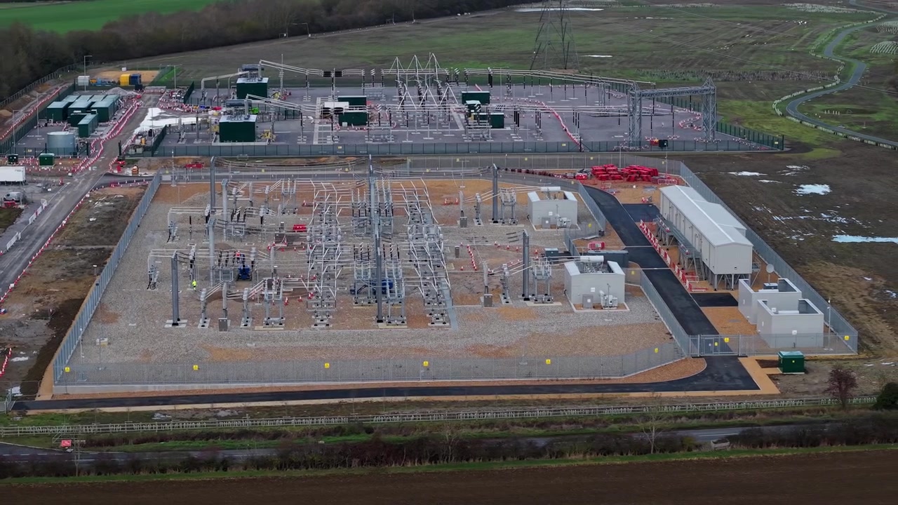 Aerial view of the new National Grid 400kV substation near Biggleswade, UK.