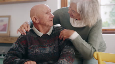 Senior-couple,-hug-and-kiss-at-home-with-marriage