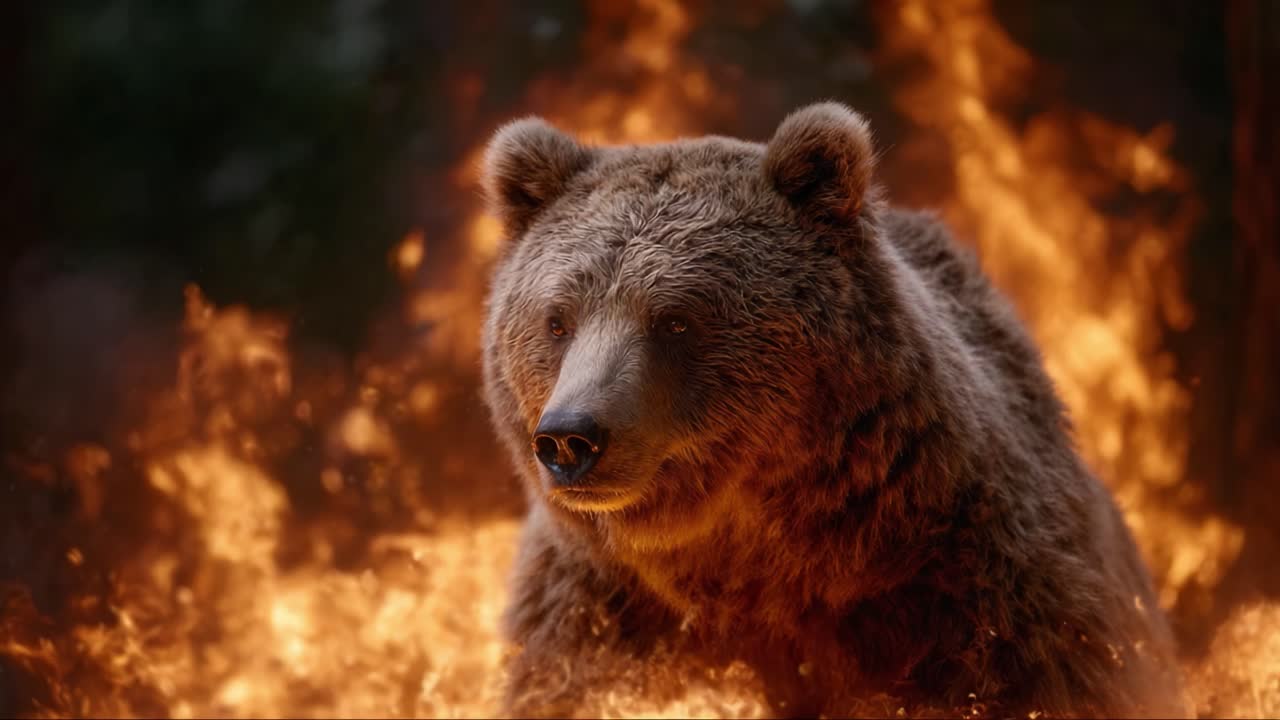A Grizzly Bear Surrounded by Fiery Flames, Captivating the Intensity of Nature's Raw Power and Beauty in a Dynamic and Fiery Landscape