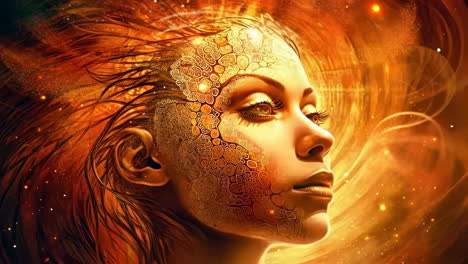 golden radiance: digital portrait of an ethereal woman