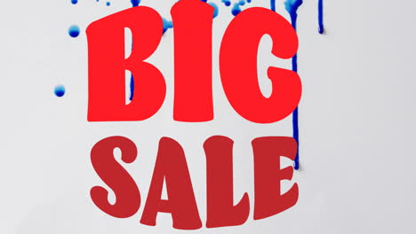 animation of big sale text in red over blue paint splash on white