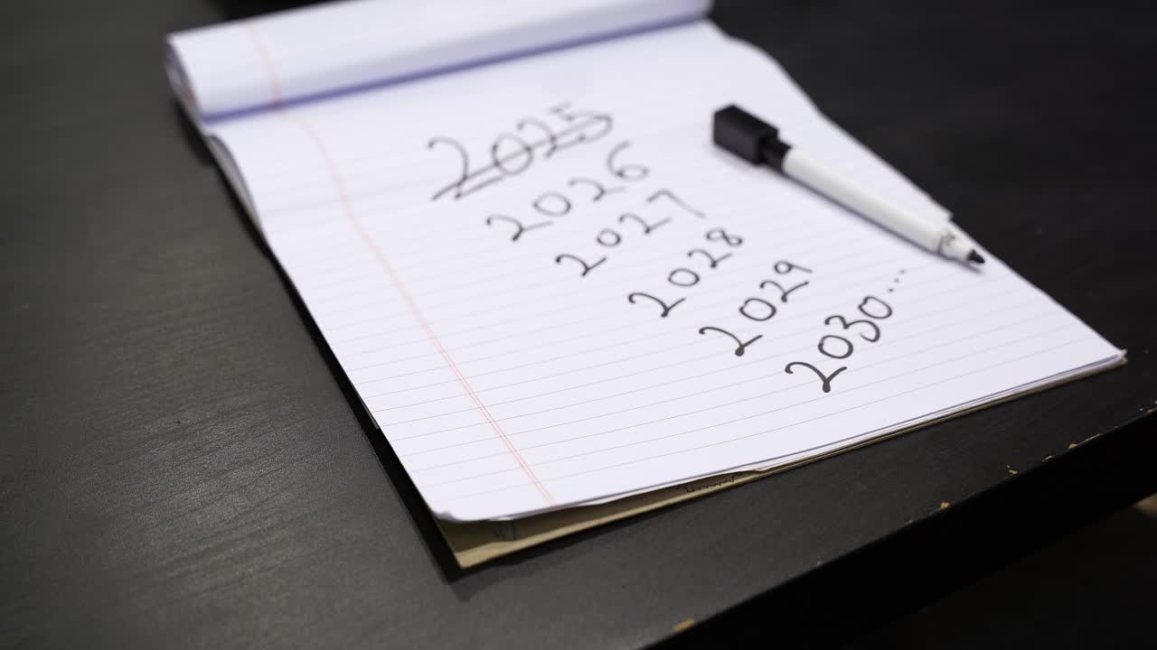 Close-up of lined notebook page with handwritten years 2025–2030 and pen on dark desk, soft indoor lighting; concept of planning, goals, timeline, future schedule