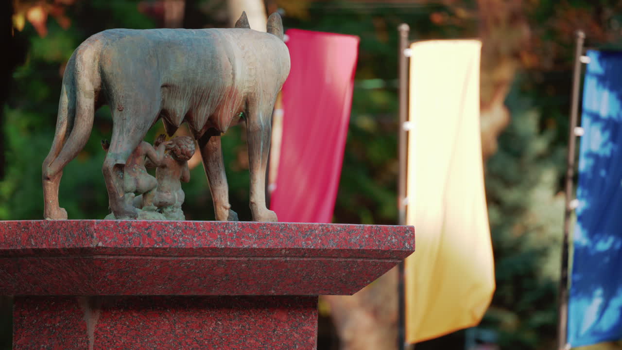 Chisinau, Moldova - September 25, 2025: Historic bronze statue of the Capitoline Wolf with Romulus and Remus on a red marble pedestal in front of the National History Museum of Moldova