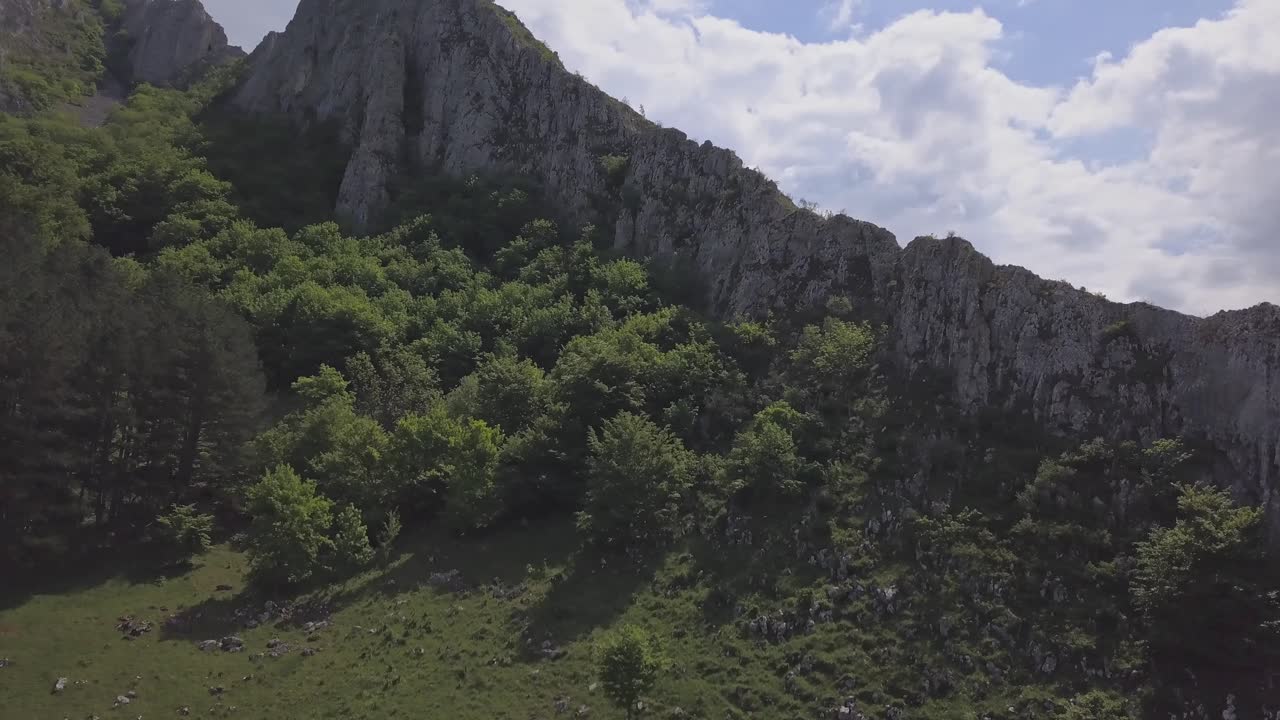 Aerial View Of Green Lush Forest, Rocky mountains And Rock Ridge, Wild Landscape