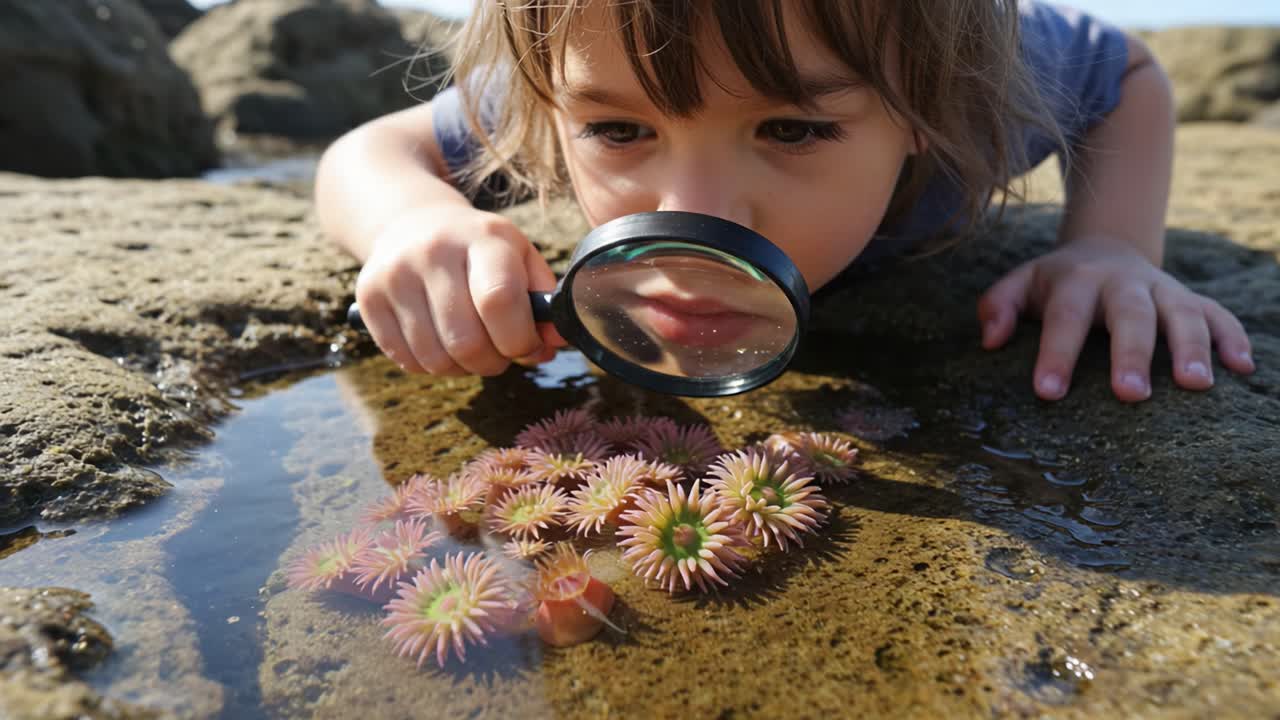 A Curious Child Examines Tidal Pool Life: Exploring Marine Wonders with a Magnifying Glass in Nature's Classroom