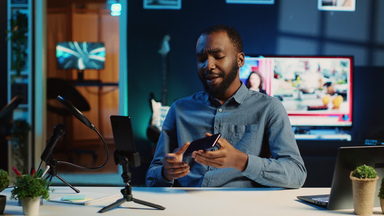 Content creator reviewing smartphone