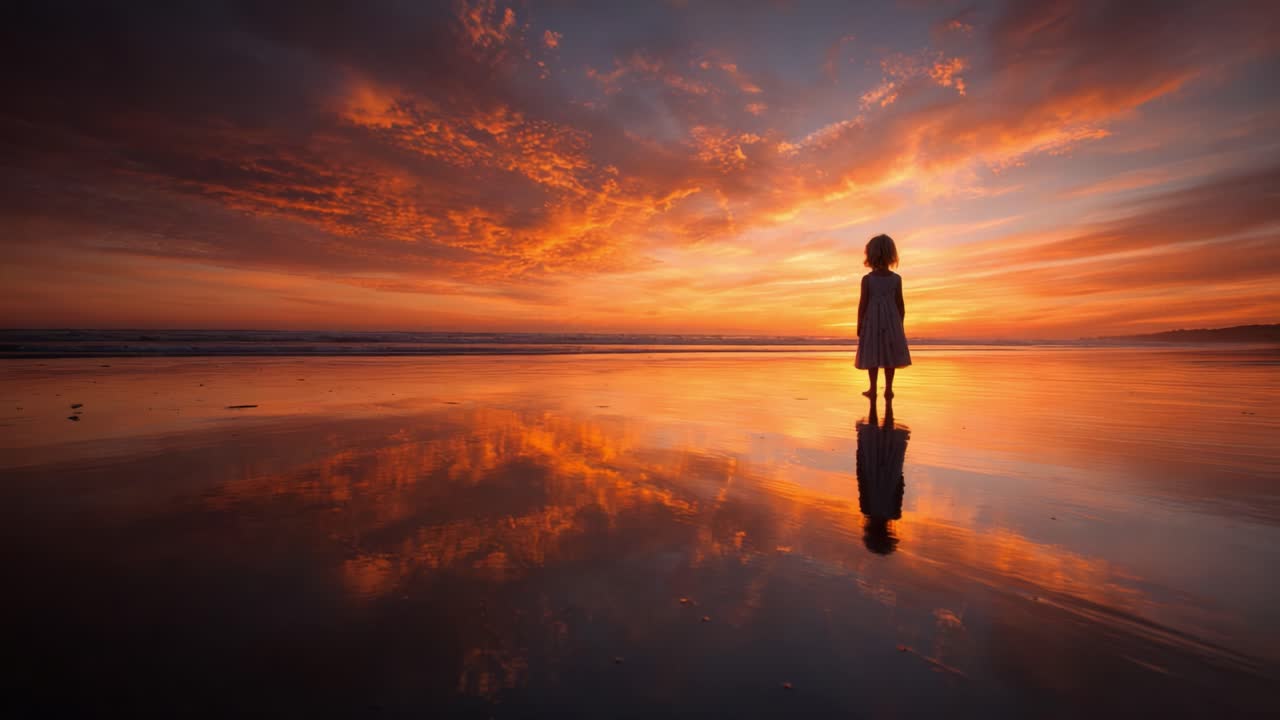 A Young Child Standing on the Beach at Sunset, Surrounded by Vivid Hues of Orange, Pink, and Purple Reflecting on the Water, Capturing the Essence of Wonder and Innocence