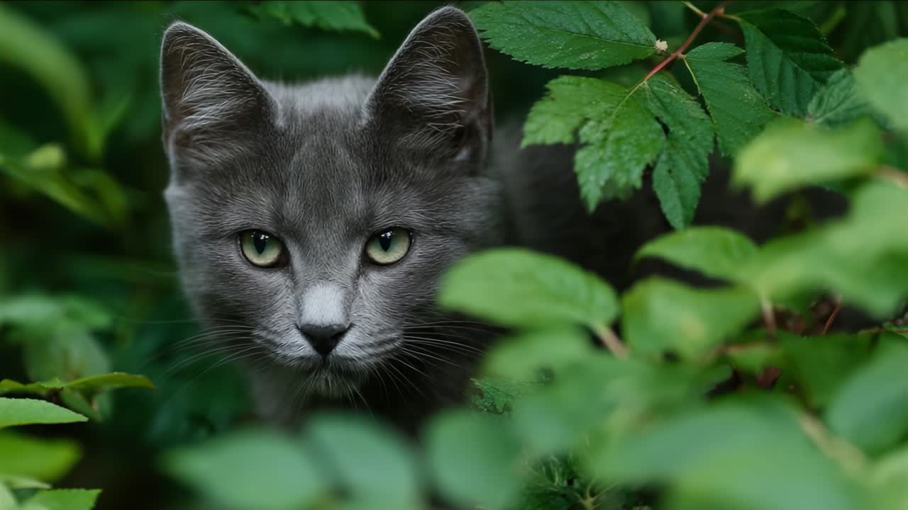 A Curious Gray Cat Peering Through Enigmatic Green Foliage, Capturing the Essence of Nature's Hidden Beauty in a Serene Garden Setting