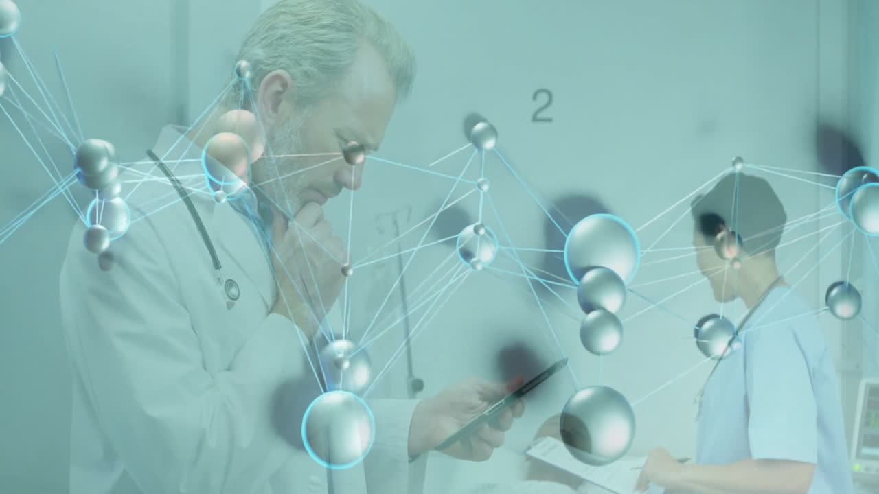 Using smartphone, medical professional with molecular structure animation in hospital scene