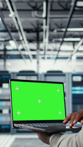 vertical video data center admin using isolated screen laptop to monitor neural network ai