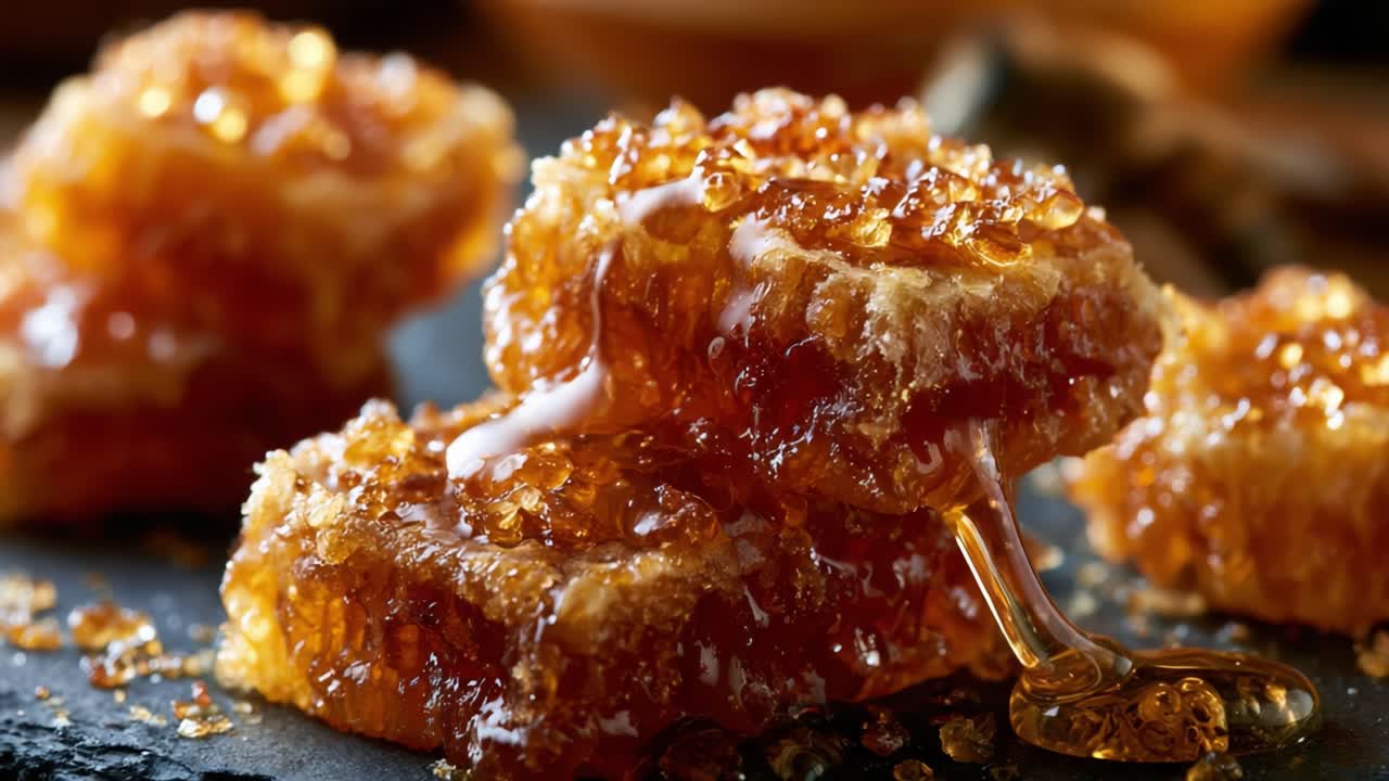 Delicious Honeycomb Display: Glorious Natural Honey Dripping from Freshly Harvested Comb, Showcasing Rich Golden Color and Sweet Texture. Perfect for Culinary Delights and Health Benefits