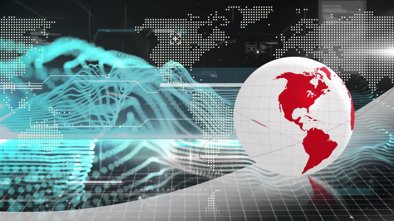 animación de un globo rojo y blanco giratorio y procesamiento de datos con un mapa del mundo en negro