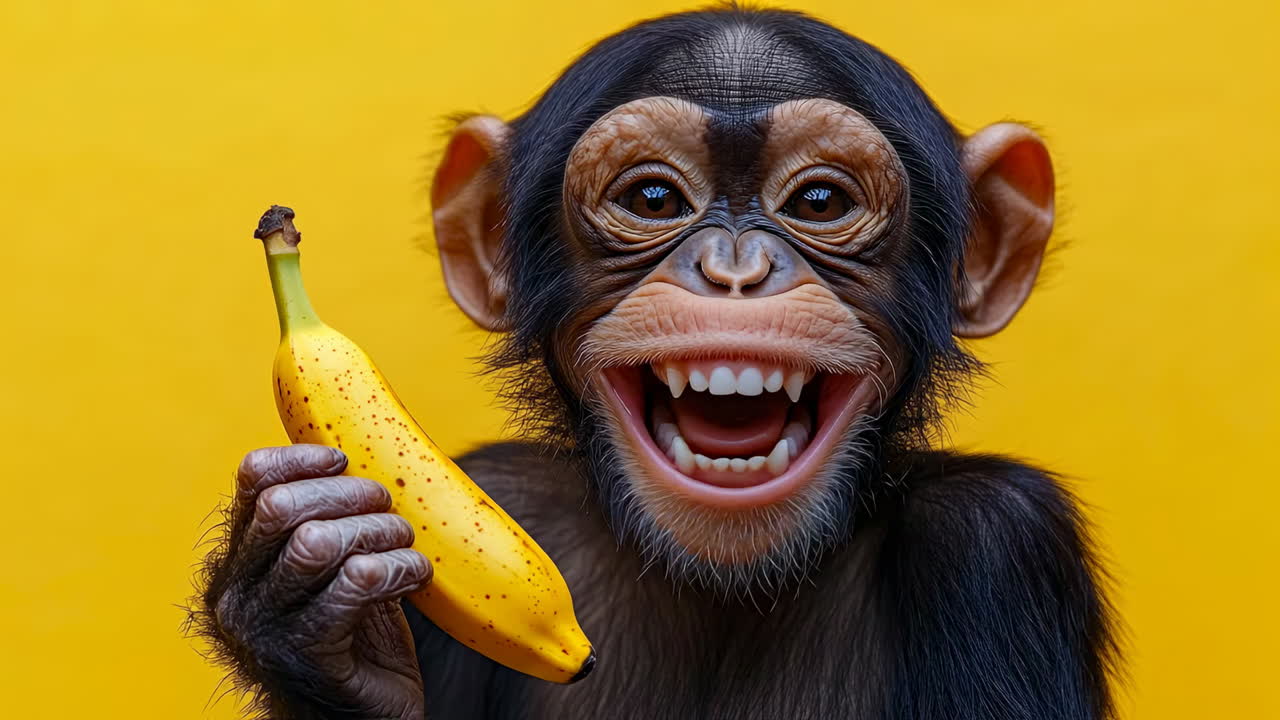 Chimpanzee holding a banana with a smile. A chimpanzee is happily holding a banana against a bright yellow background. The scene captures a playful moment