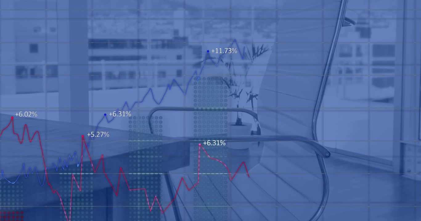 Animation av röd linje, statistik och finansiell databehandling över ett skrivbord på ett kontor