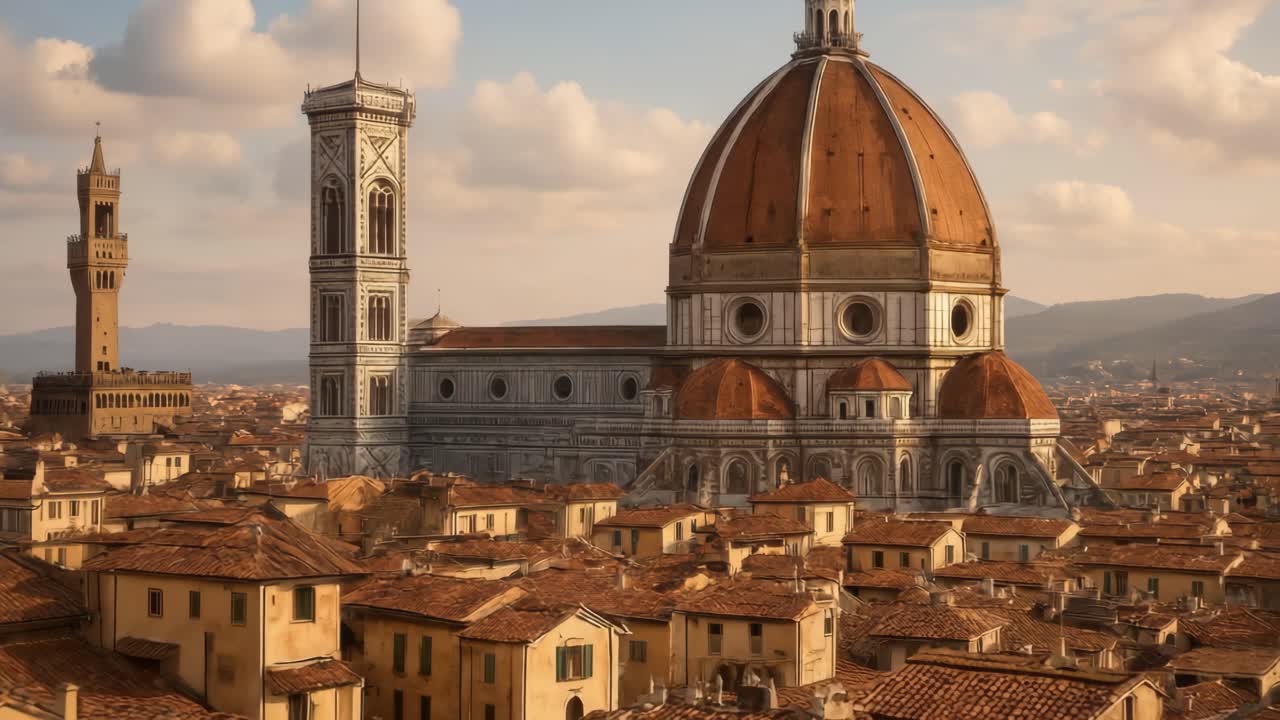 Aerial view of Florence's iconic Duomo at sunset, capturing historic architecture and terracotta