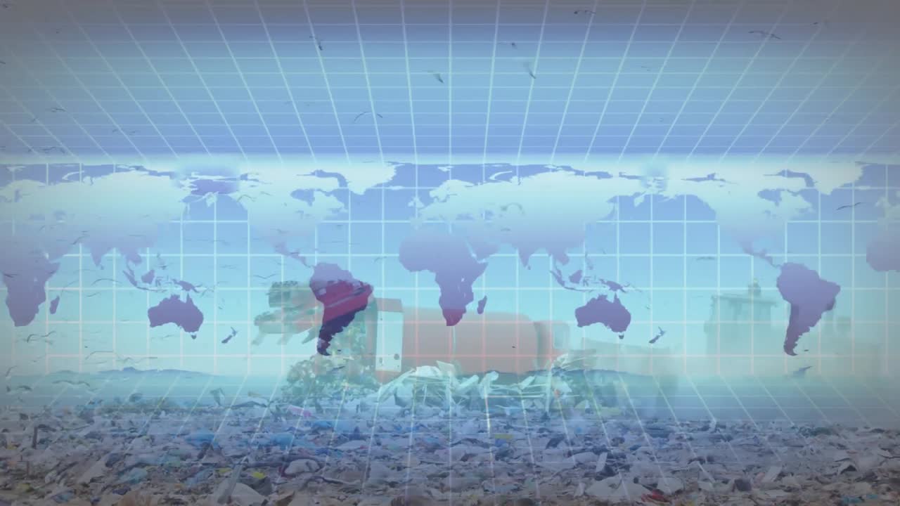폐기물 처분장 에 있는 트럭 위 에 있는 세계 지도 의 애니메이션