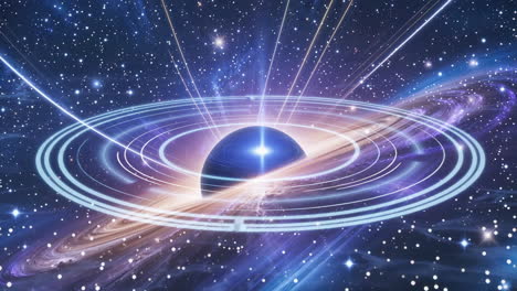 celestial body with rings and light rays in starry space