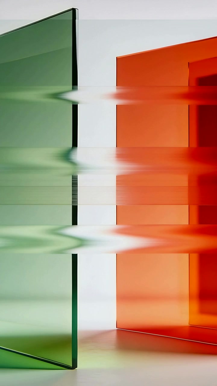 Vertical video: Passing ripple crossing three glass panes on mirror studio table, shifting colors
