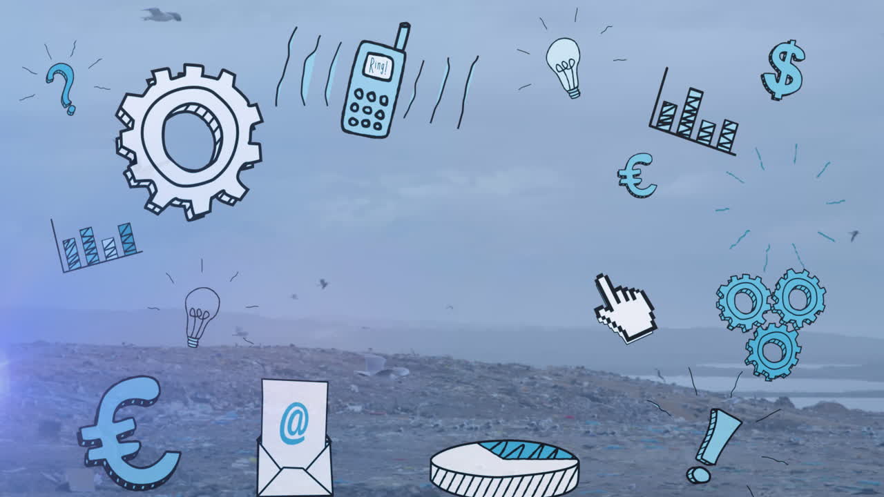 황무지 위의 디지털 비즈니스 아이콘의 애니메이션