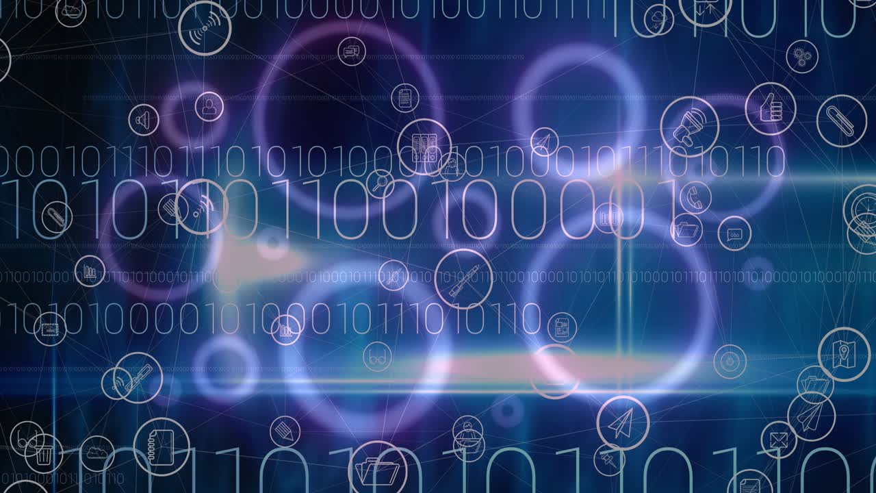 디지털 아이콘과 바이너리 코딩의 애니메이션이 배경에 보라색 빛나는 원 위에 있습니다.