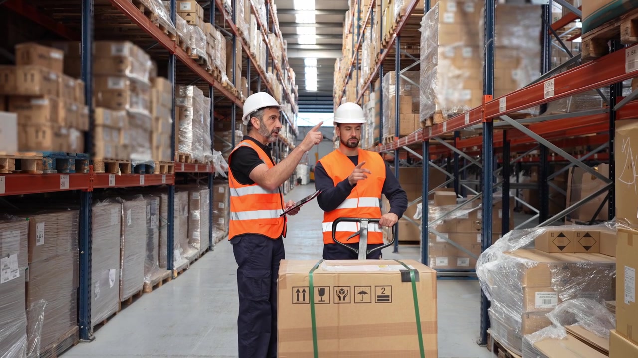 Operai di magazzino che usano tablet e transpallet per gestire l'inventario
