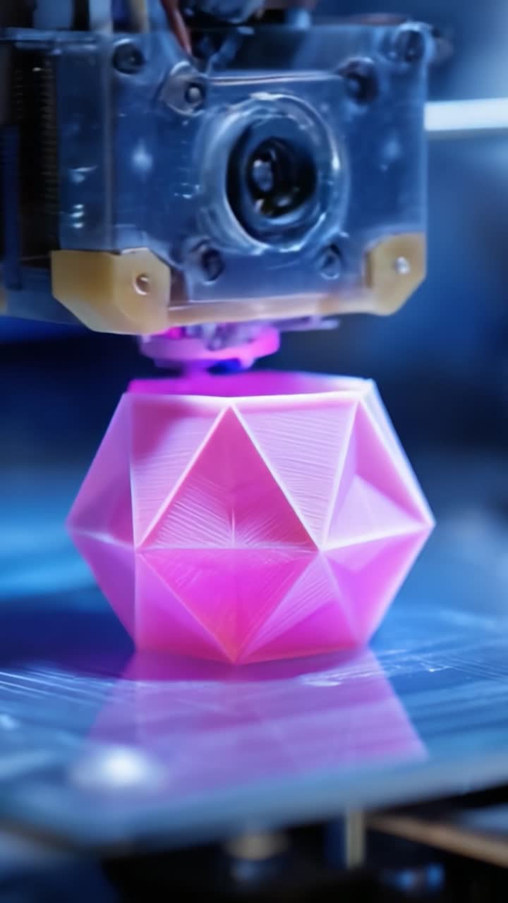 Innovative 3D Printing Process Captured in Action: A Close-Up of a High-Tech Printer Creating a Striking Pink Geometric Shape