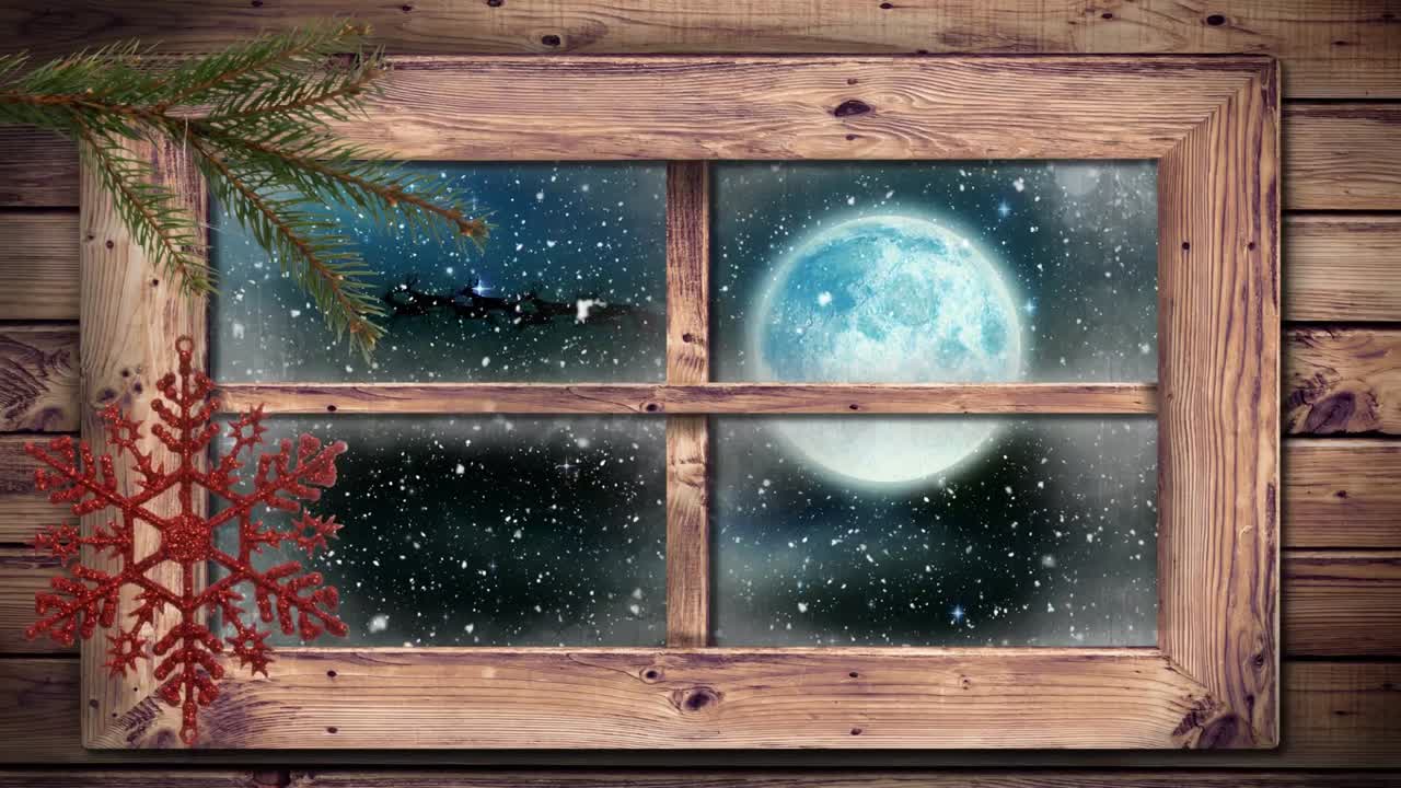 Digital animation of wooden window frame against snow falling over black silhouette of santa claus