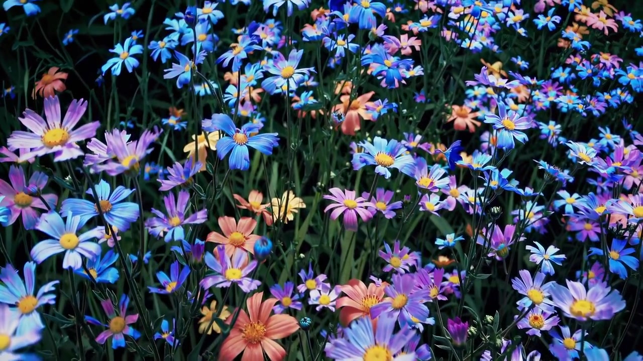 Drømmende eng med levende flerfargede blomster som svaier forsiktig