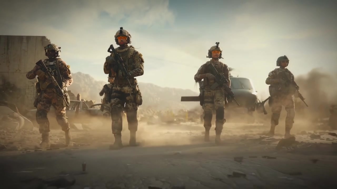 Armed Soldiers Walking Through a Dusty War Zone with a Helicopter