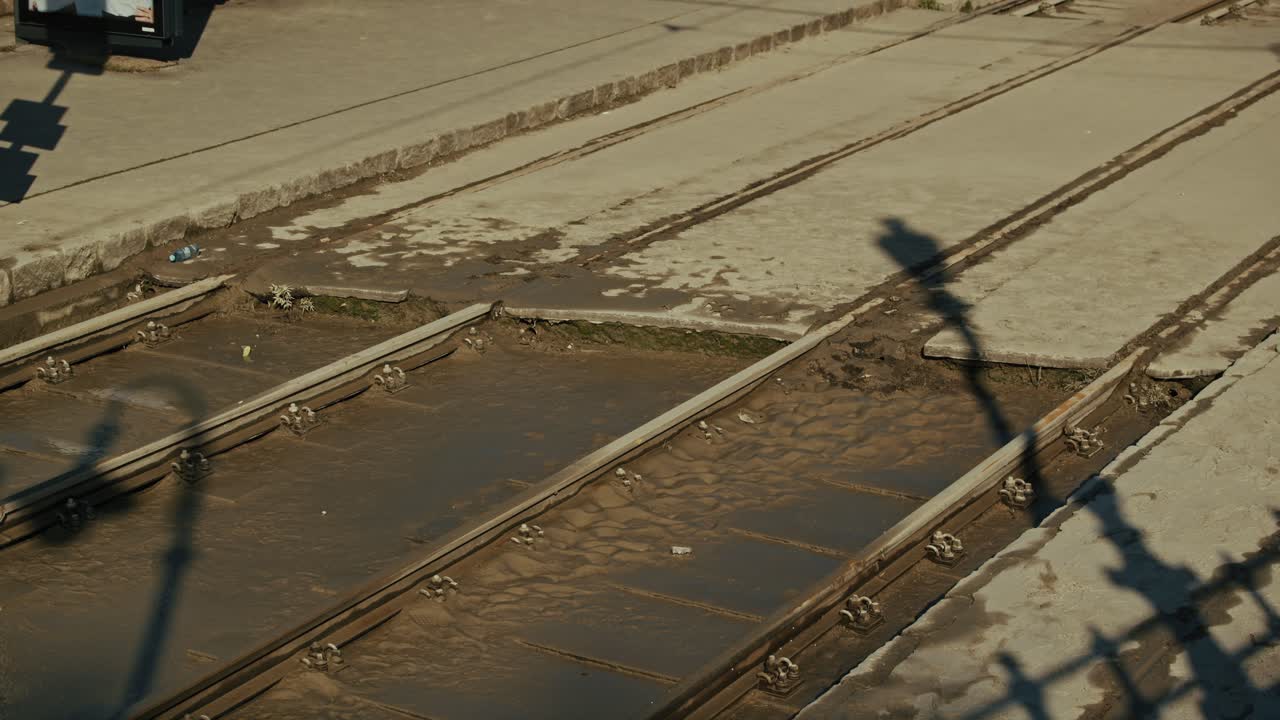 Mud covered tram tracks left behind after floodwaters receded during the Budapest Flood 2024