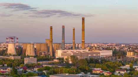 Aerial-View-Over-A-Coal-Power-Plant-At-Sunset,-Time-Lapse,-Pollution,-Global-Warming