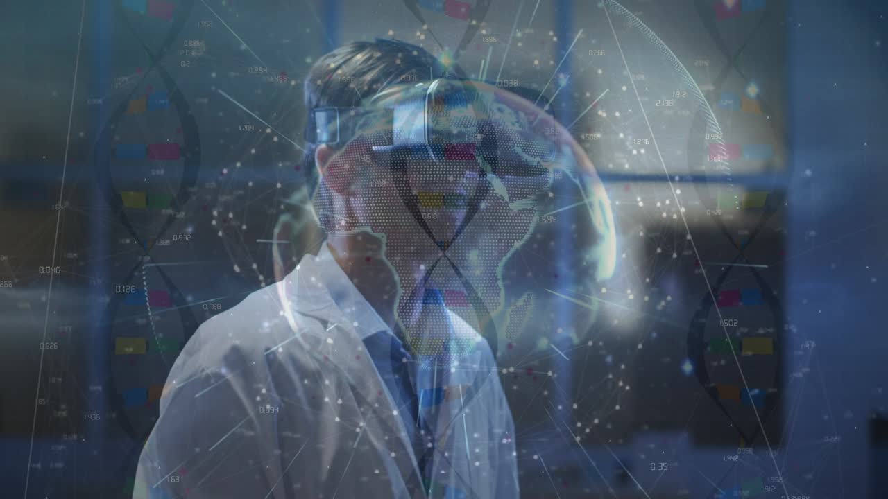 Cientista levantando a mão interagindo com RA, girando hélice de DNA e globo holográfico para análise genômica.