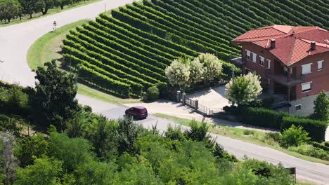 a car travels past a house and vineyards