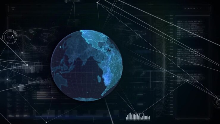 Animation of spinning globe over network of connections and interface with data processing